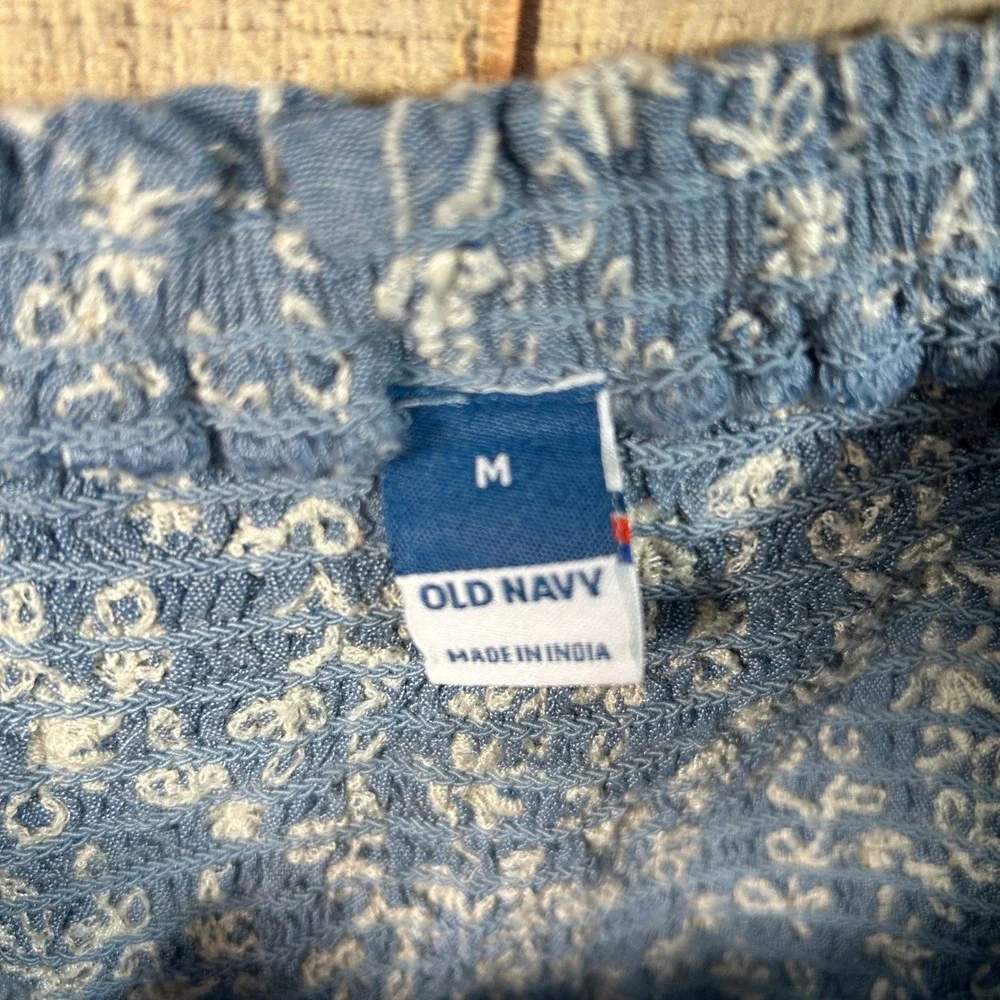 Old Navy Blue Floral Embroidered Smocked Puff Sleeve Peplum Top Boho Medium M
